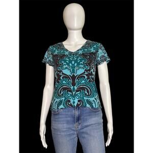 Forbidden Sequin V‑Neck Short Sleeve Shirt Top Teal Brown Pattern Women’s Medium